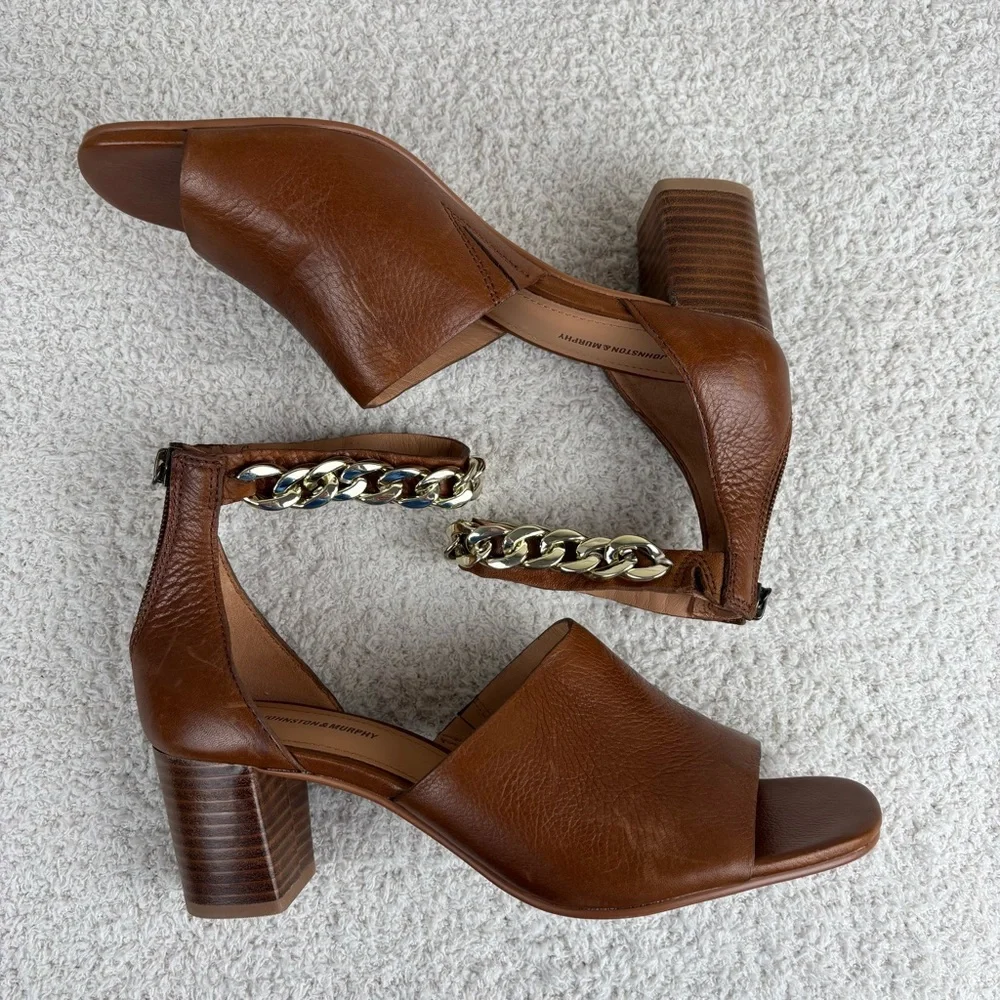 Johnston & Murphy Sandals Womens 9M Cognac Calfskin Evelyn Chain‎ Heeled Sandal